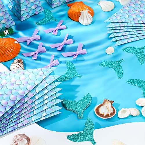 50 ks Mermaid Party Boxes uprednostňuje kužeľ Mermaid darčekové krabičky s trblietavým chvostom a fialovým lukom