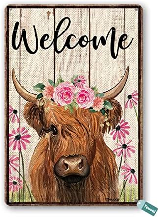 Retro Cínové znamenie Vitajte jarná kvetinová krava Farmhouse Highland Cow Decor jar leto sedmokráska kvety Veranda