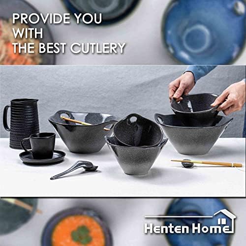 Henten Home Ramen misky s paličkami a lyžičkami Set, 26 OZ keramické Japonské rezancové misky sada 2 ks, porcelánová