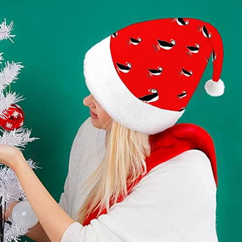 Roztomilý Puffin Bird Funny vianočný klobúk Santa Claus klobúky Krátke plyšové s bielymi manžetami pre vianočné