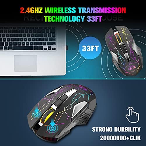 Bezdrôtová herná myš nabíjateľná s tichým dúhovým RGB podsvietením, 2,4 G USB nano prijímač optický senzor 3