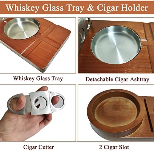 Popolník na cigary, sklenený podnos na whisky a držiak na cigary, popolník z masívneho dreva s rezačkou na cigary,