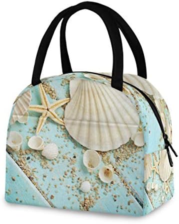 Yyzzh Ocean Nautical Border Seashell Starfish Sand on Blue Wood Insulated Zipper obedová taška Cooler Meal Prep